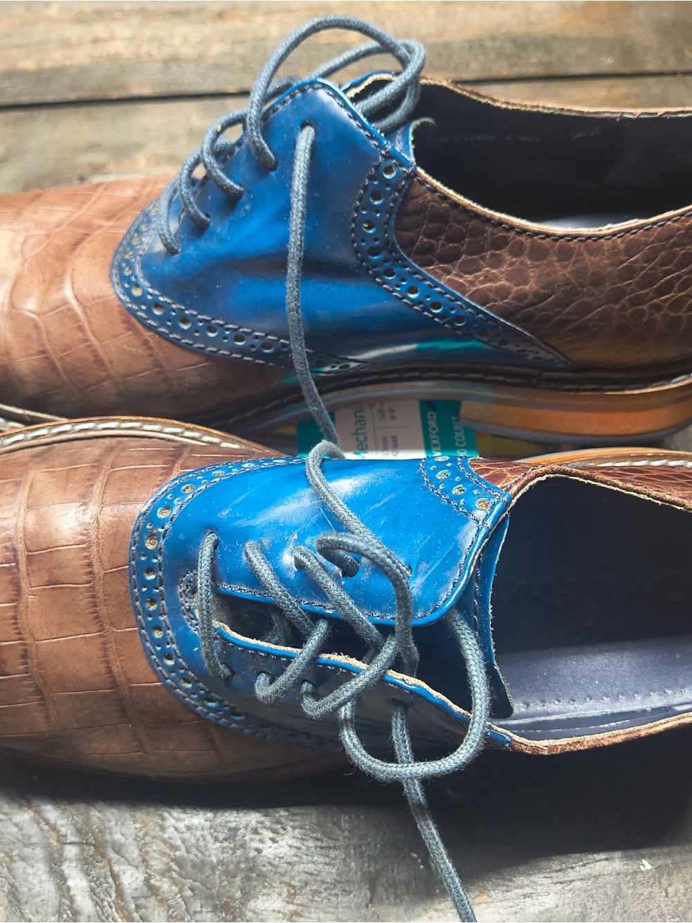 Cole Haan Brown Croc-Textured & Blue Leather Wingtip Oxfords